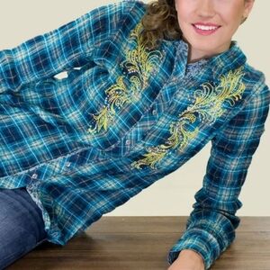 Miss Me Western long-sleeved blue plaid button-down shirt Size Large